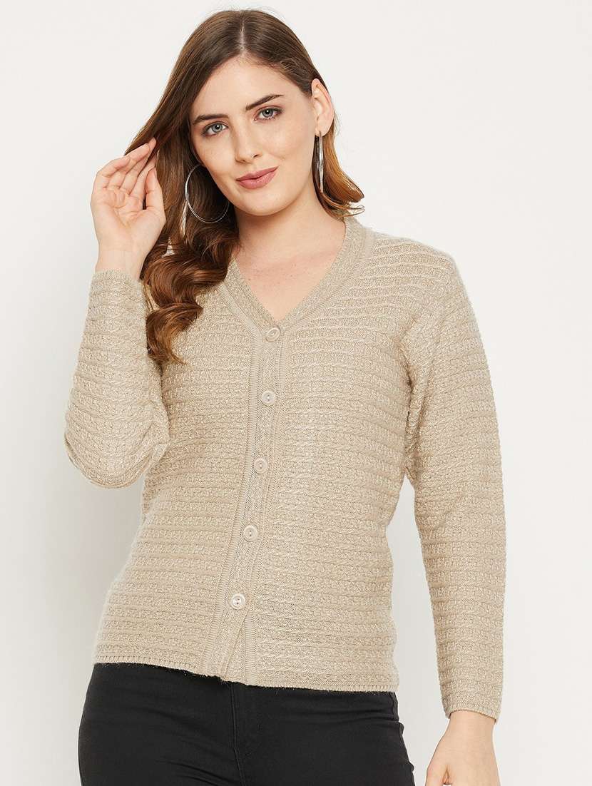beige self designed woolen cardigan