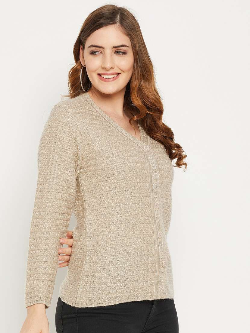 beige self designed woolen cardigan - 20507127 -  Standard Image - 2