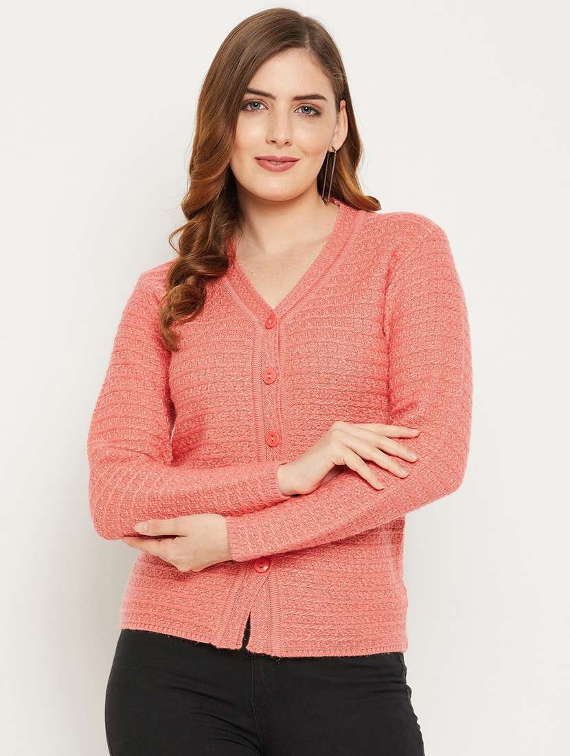 peach self designed woolen cardigan