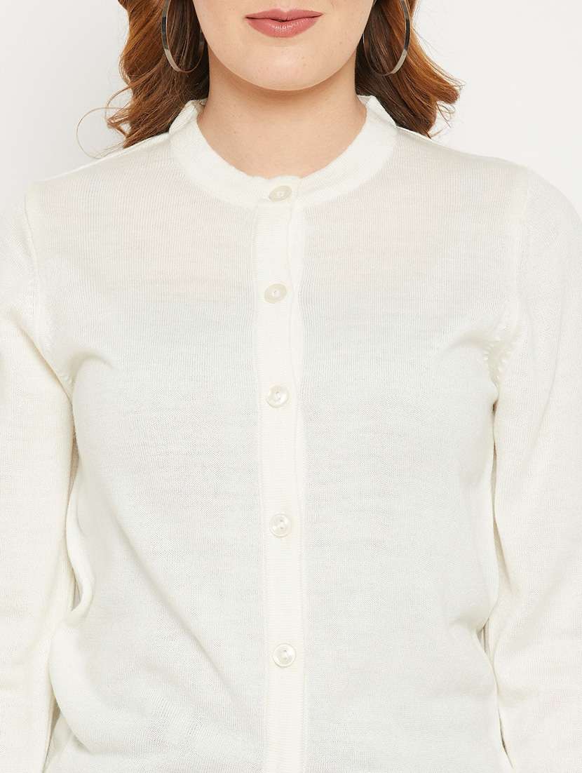 White Solid Woolen Cardigan