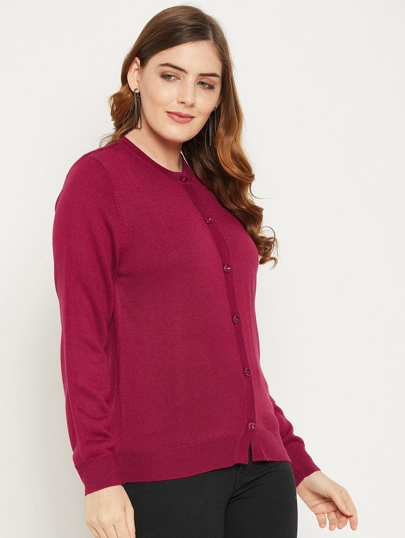 maroon solid woolen cardigan - 20507135 - Standard Image - 2