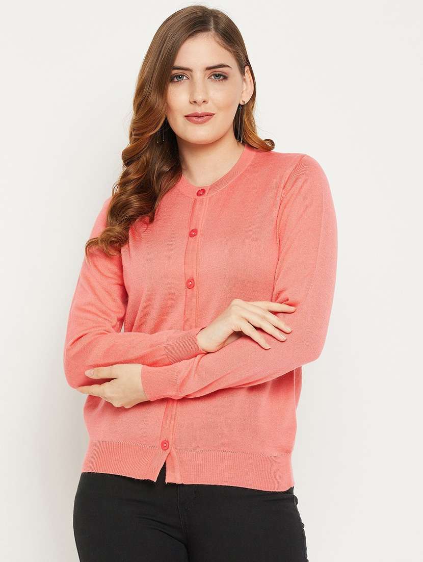 peach solid woolen cardigan