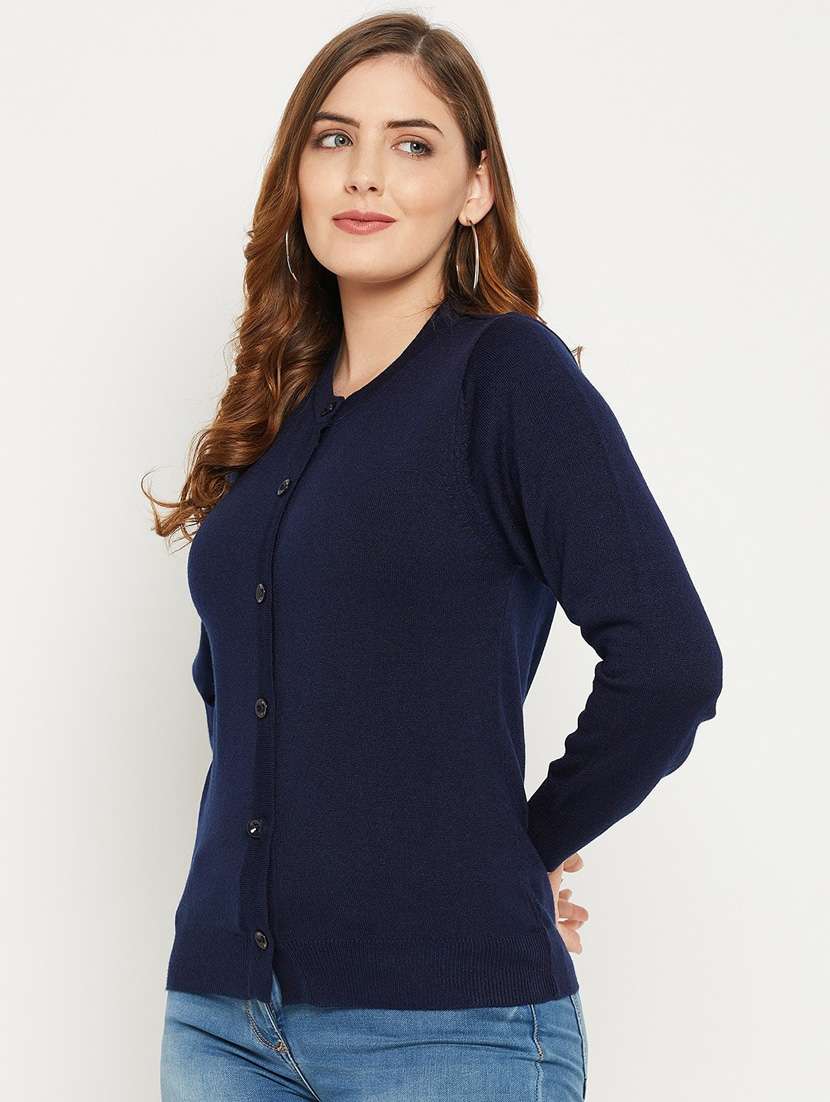 navy blue solid woolen cardigan - 20507140 - Standard Image - 2