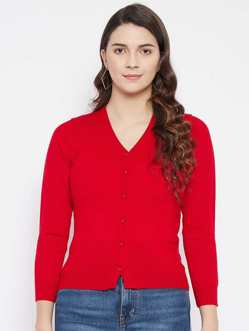 red solid woolen cardigan