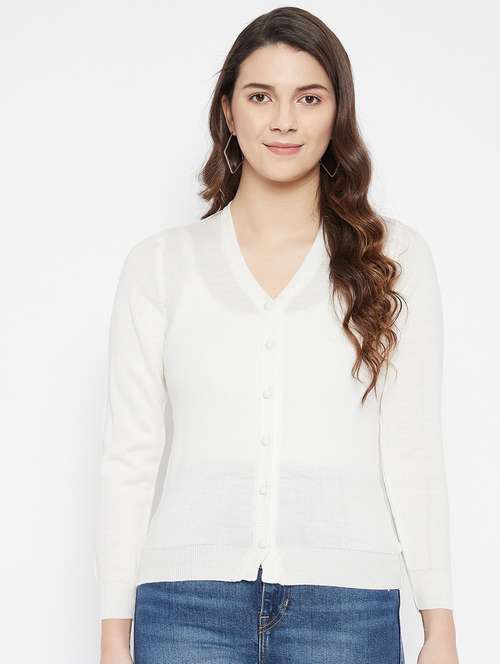 White Solid Woolen Cardigan