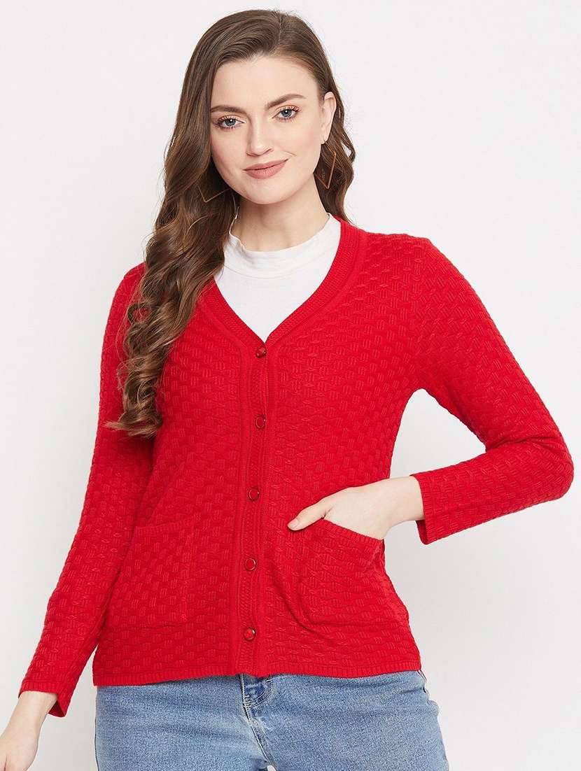 red self designed woolen cardigan