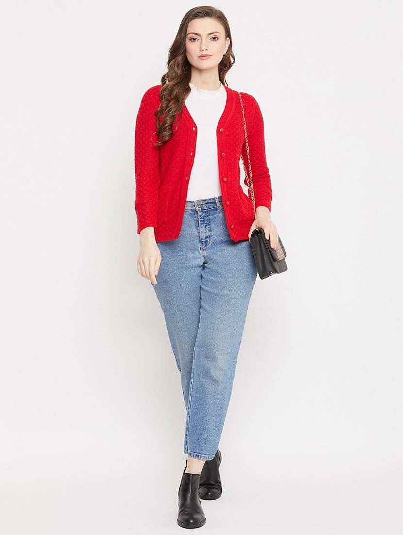 red self designed woolen cardigan - 20507172 -  Standard Image - 2