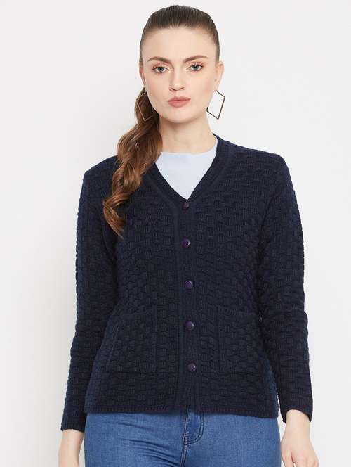 navy blue self designed woolen cardigan - 20507174 -  Standard Image - 0