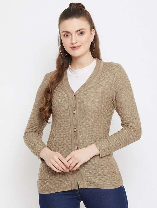 beige self designed woolen cardigan - 20507176 -  Standard Image - 0