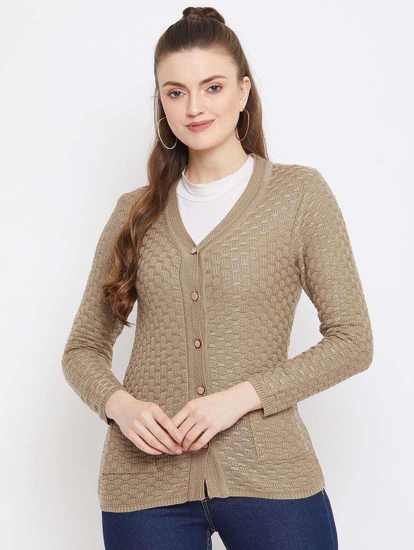 beige self designed woolen cardigan
