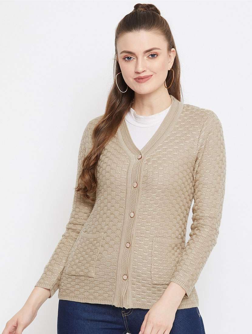 beige self designed woolen cardigan