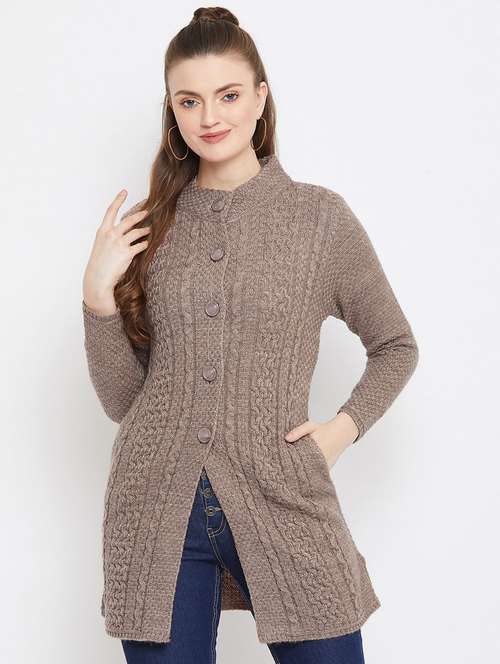 beige self designed woolen cardigan - 20507258 -  Standard Image - 0