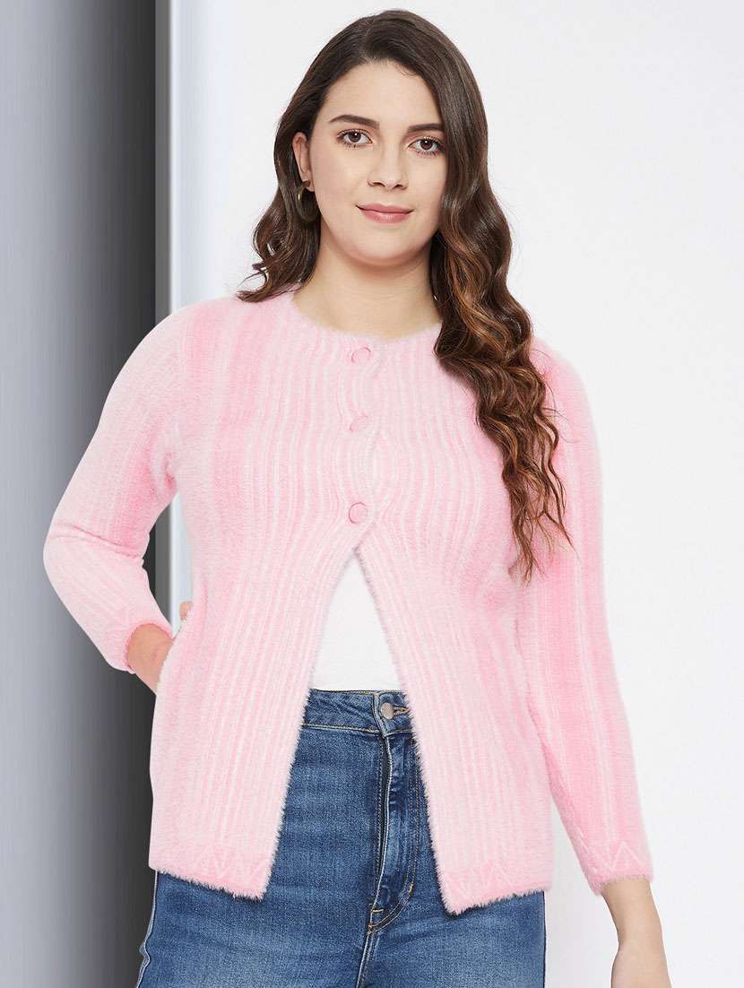 pink self designed woolen cardigan