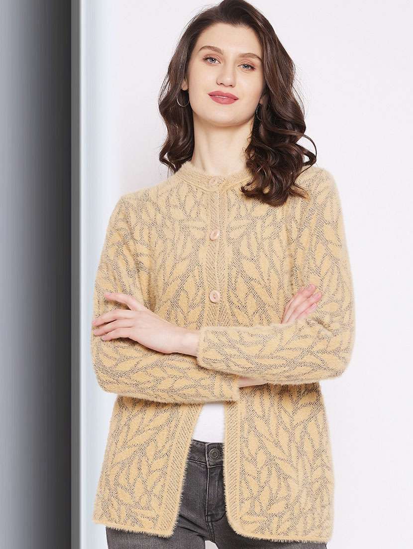 beige self designed woolen cardigan