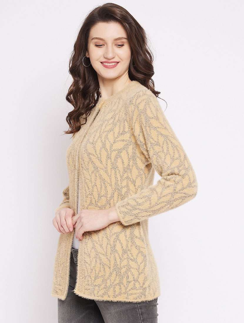 beige self designed woolen cardigan - 20507267 -  Standard Image - 2