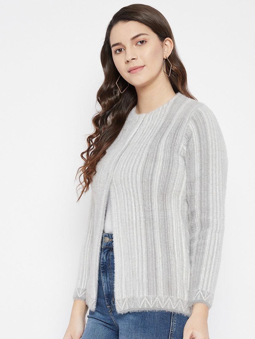 grey self designed woolen cardigan - 20507272 - Standard Image - 2