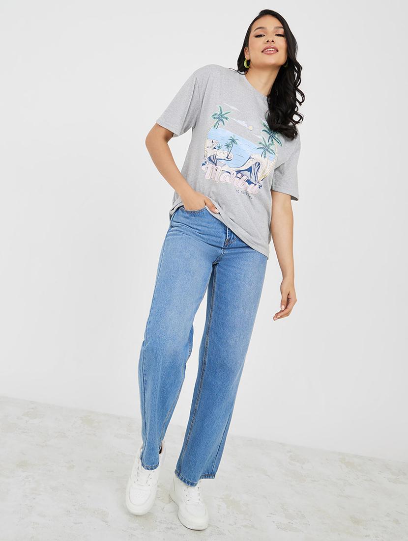 women graphic printed grey melange cotton oversized t-shirt - 20508279 - Standard Image - 2