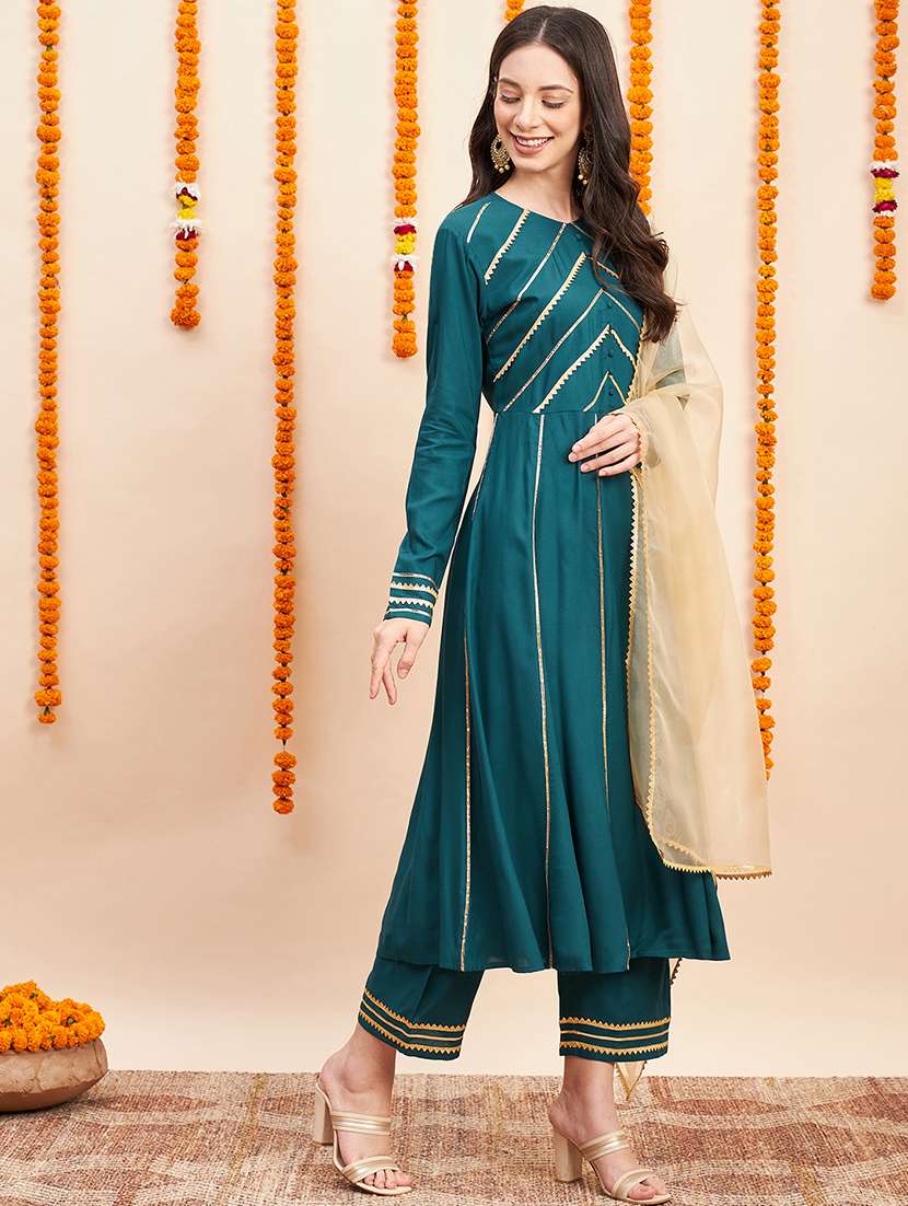 women teal round neck kurta palazzo set with dupatta - 20508711 -  Standard Image - 2