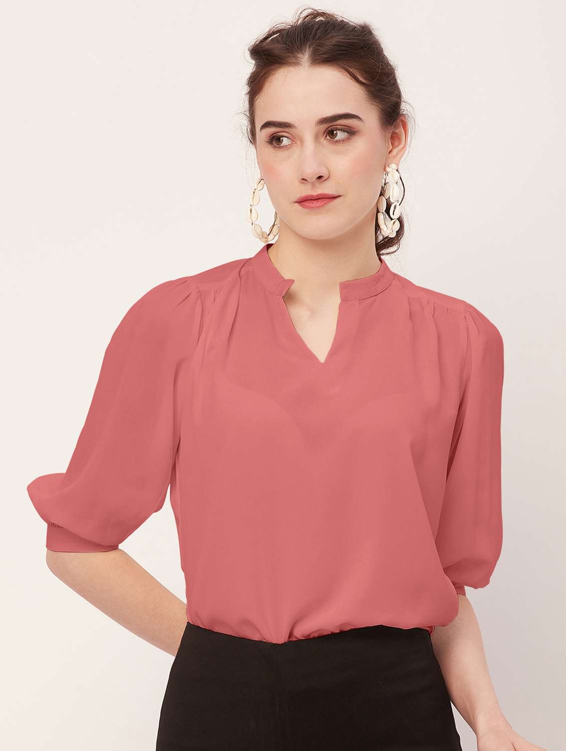 women peachy pink poly moss regular top