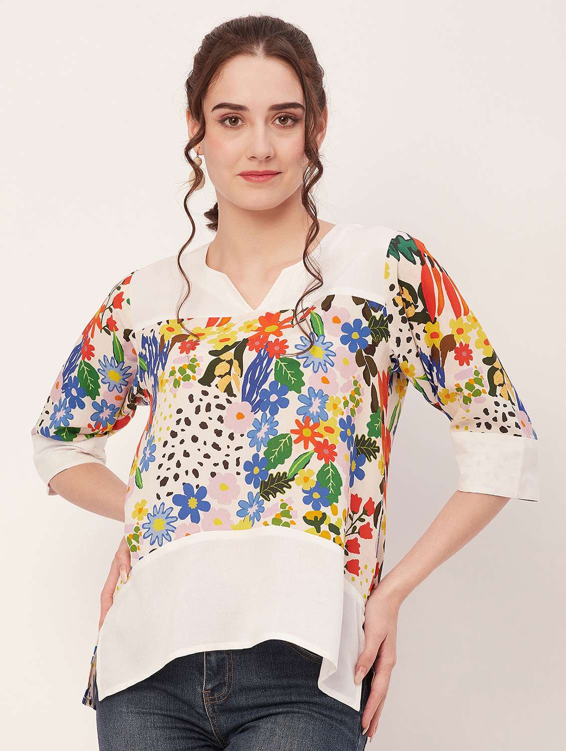 women printed three quarter sleeves top