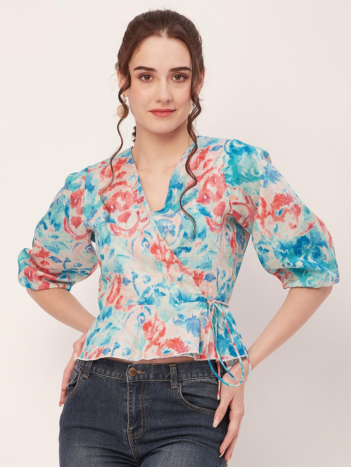 women multi coloured printed wrap top
