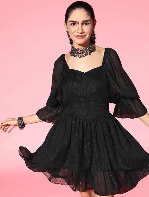 women black georgette fit & flare dress - 20509121 -  Standard Image - 0