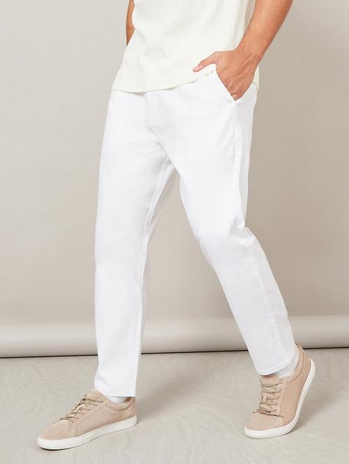 white cotton flat front casual trousers - 20509207 -  Standard Image - 0