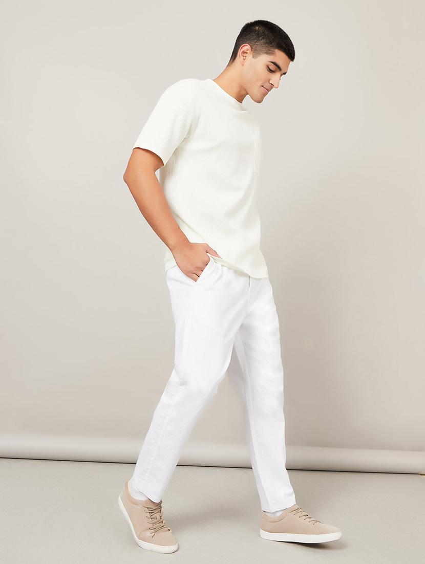 white cotton flat front casual trousers - 20509207 - Standard Image - 2