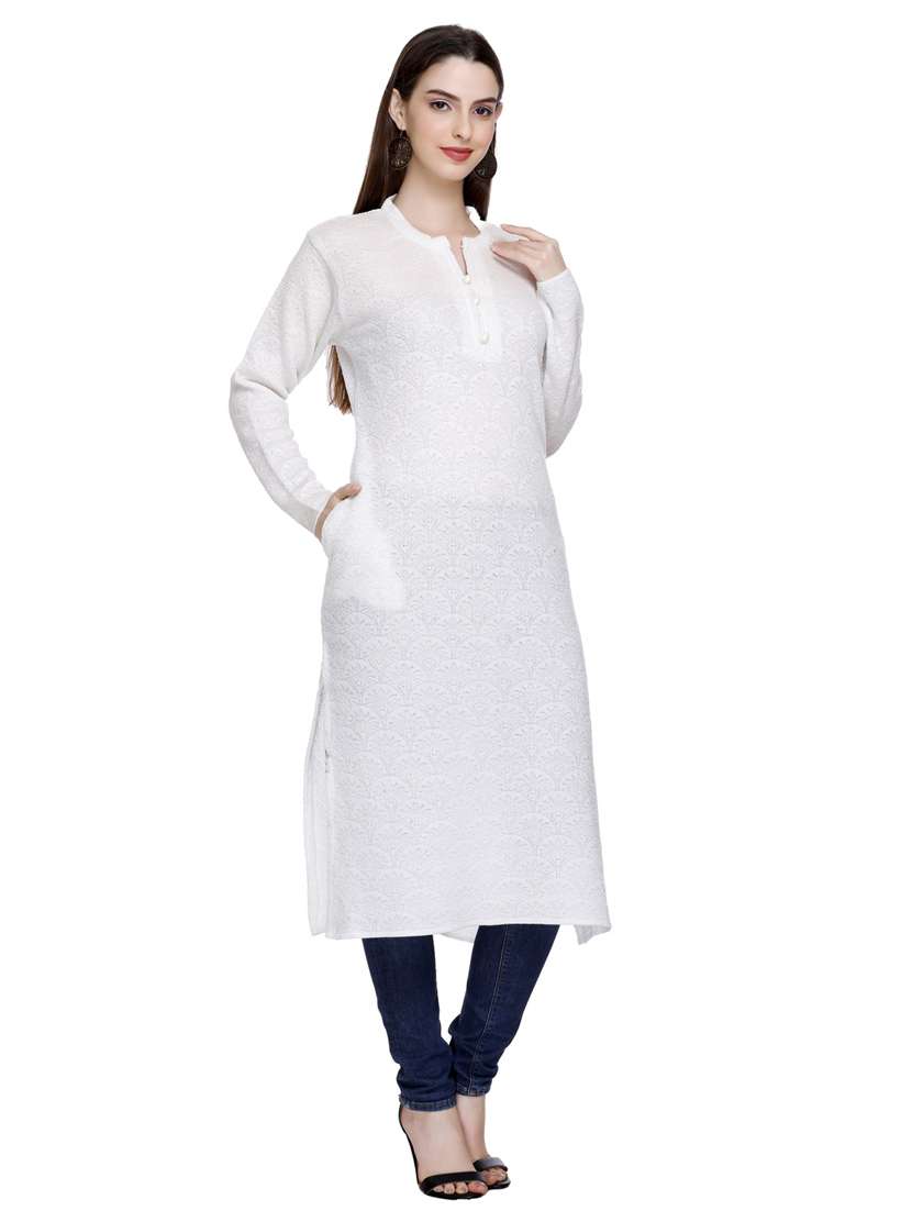 white self design woolen kurta - 20509520 - Standard Image - 2