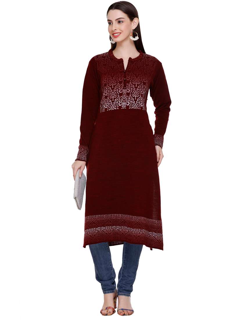maroon self design woolen kurta