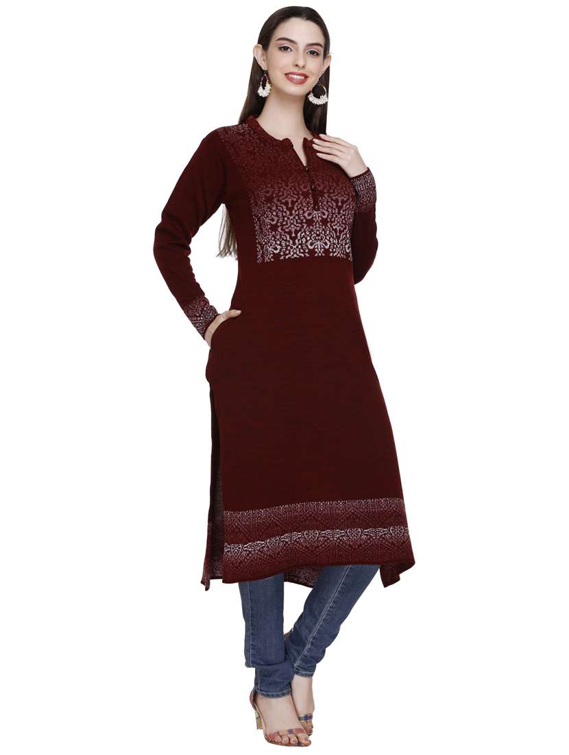 maroon self design woolen kurta - 20509522 - Standard Image - 2