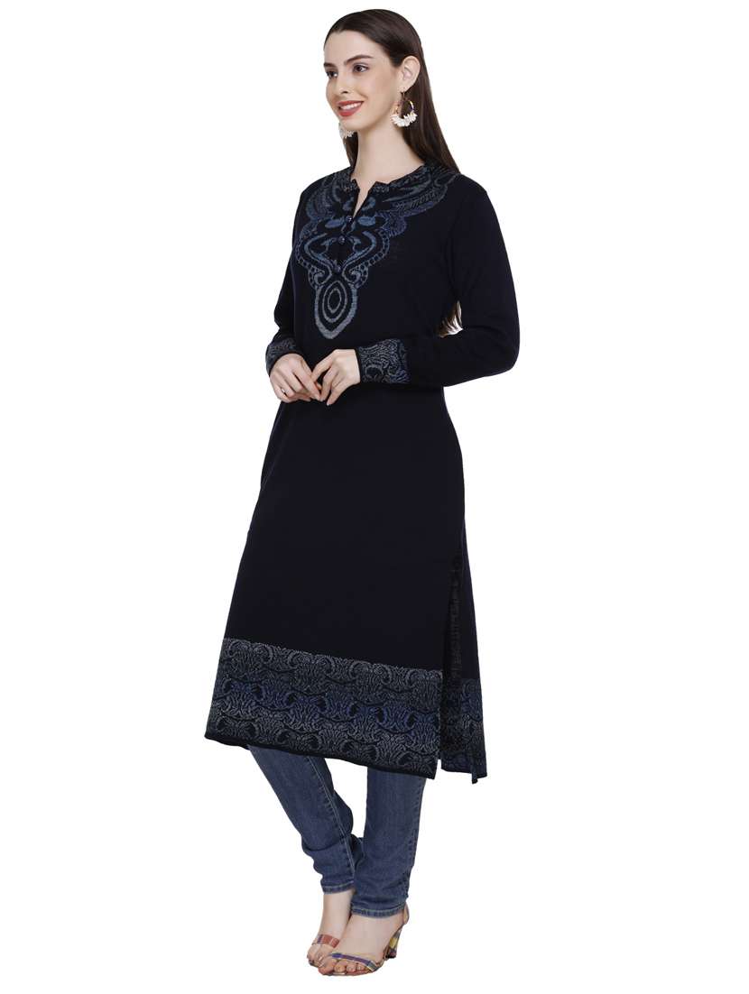 navy blue self design woolen kurta - 20509529 -  Standard Image - 2