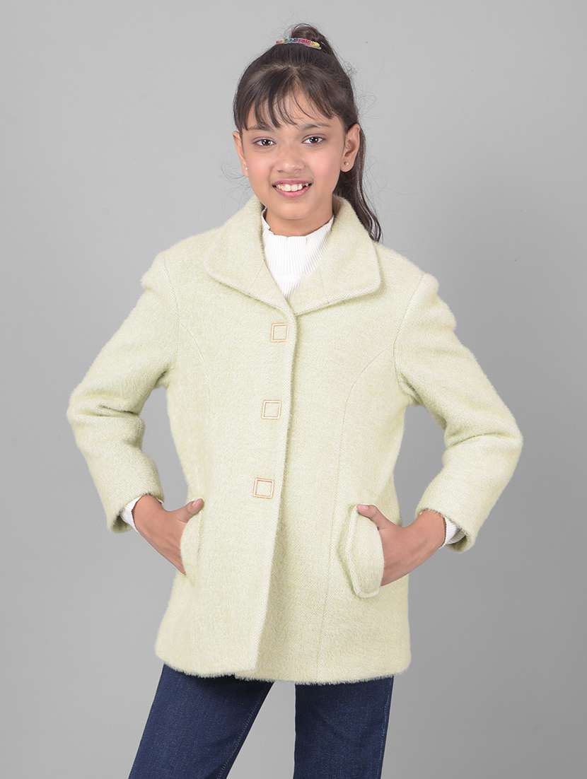 girls solid casual woollen coat