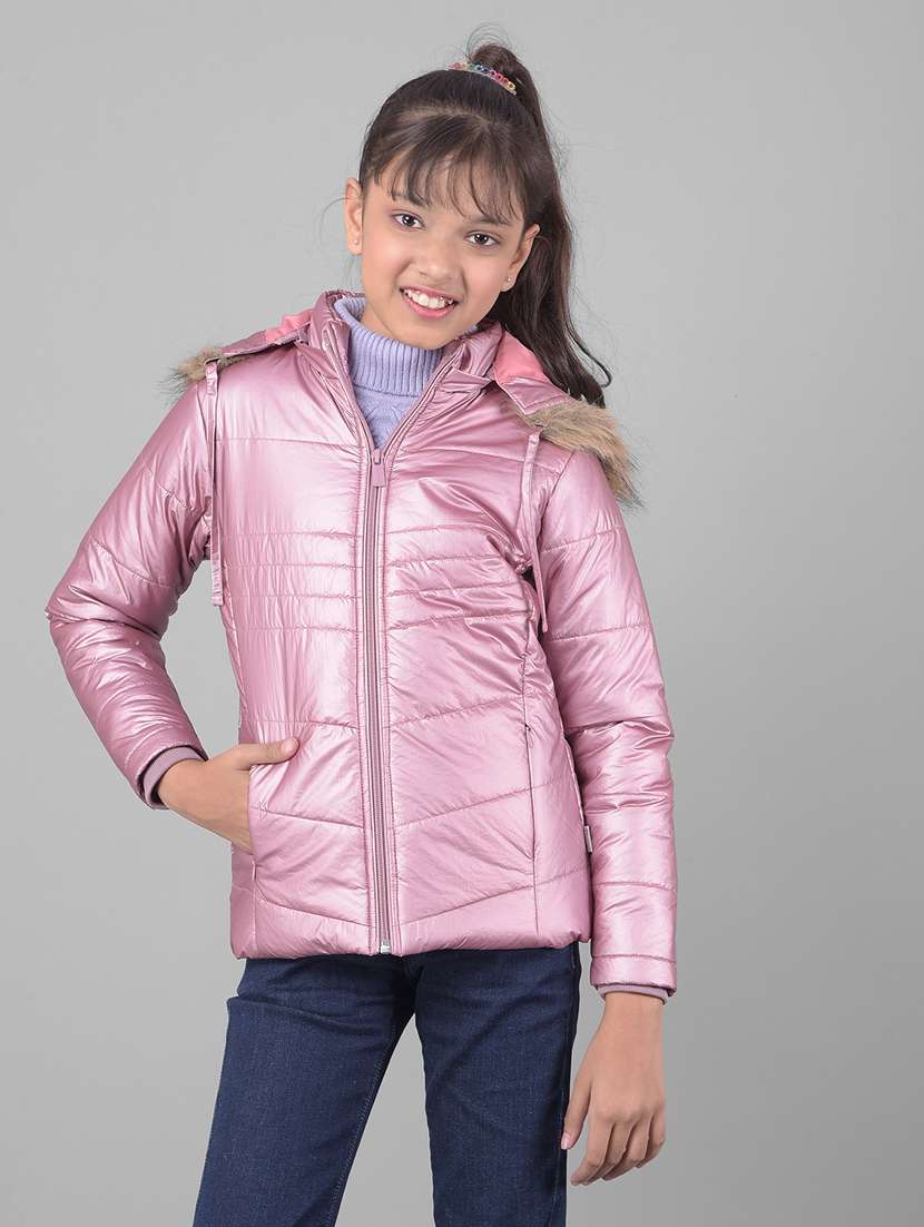 girls pink solids hooded neck jacket