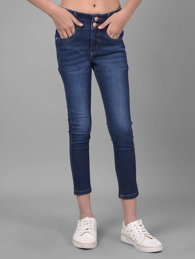 girls solid dark blue skinny fit jeans