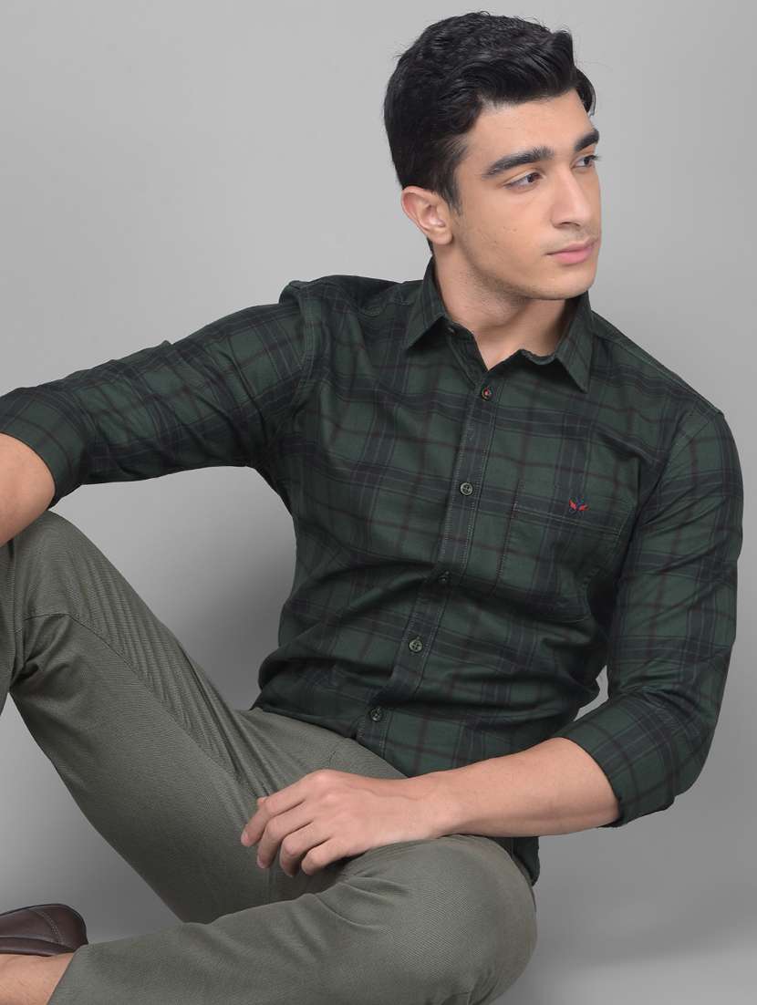 men tartan checkered bottle green cotton slim fit casual shirt - 20509662 -  Standard Image - 2