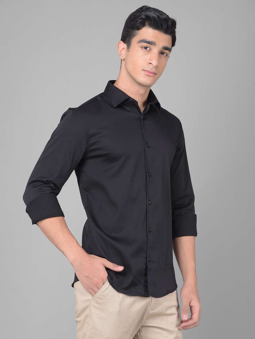 men solid black cotton blend slim fit casual shirt - 20509686 -  Standard Image - 2