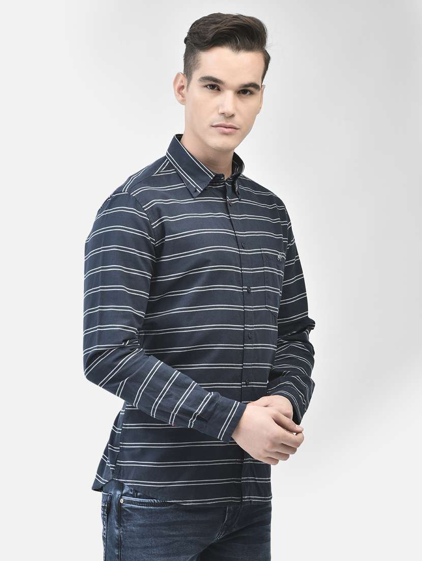 men horizontal striped navy blue cotton casual shirt - 20509696 -  Standard Image - 2