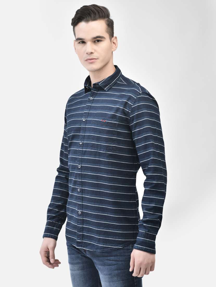 men horizontal striped navy blue cotton slim fit casual shirt - 20509731 - Standard Image - 2