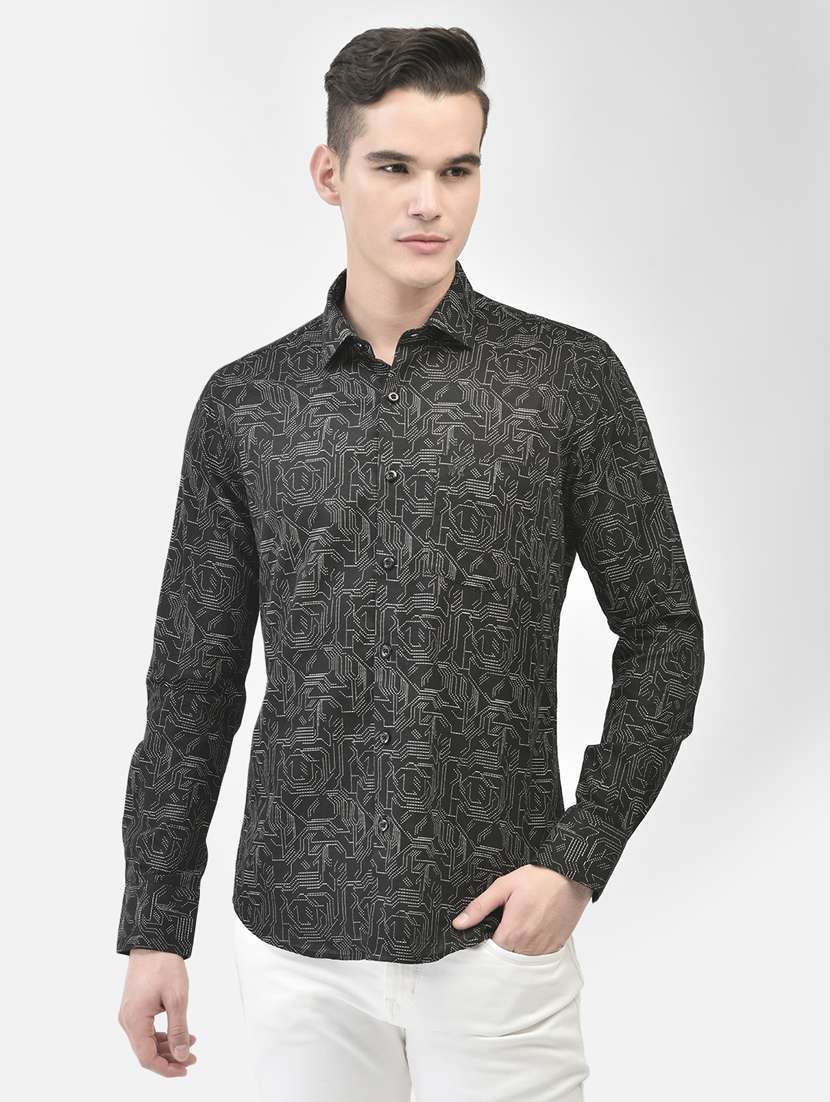 men printed black cotton slim fit casual shirt