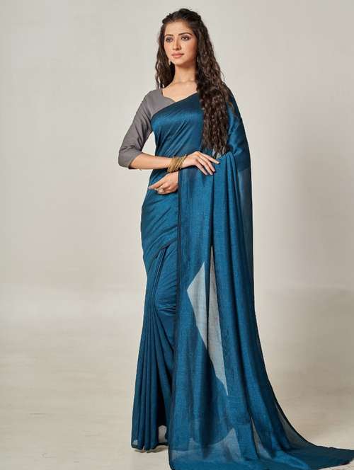 women's solid teal colored saree with blouse - 20509856 - Standard Image - 0