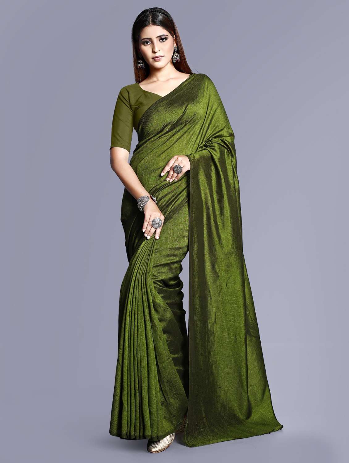 women's solid olive colored saree with blouse