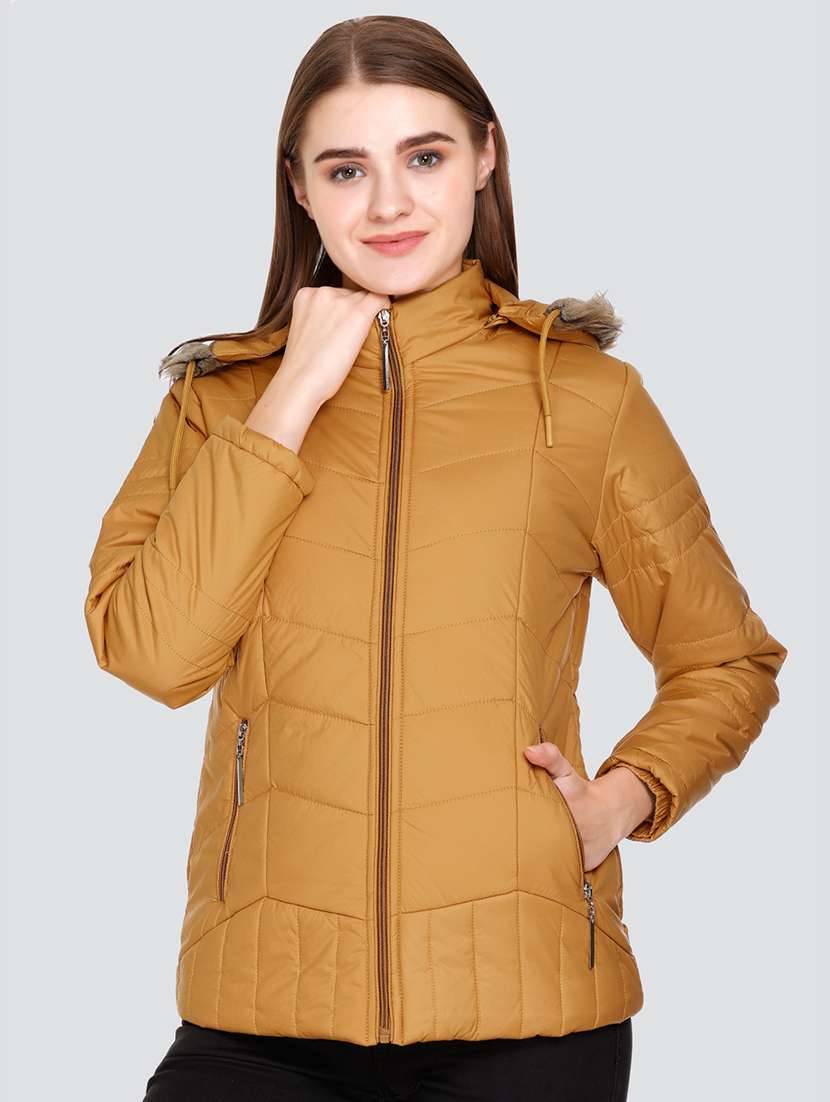 solid hooded quilted jacket with pockets
