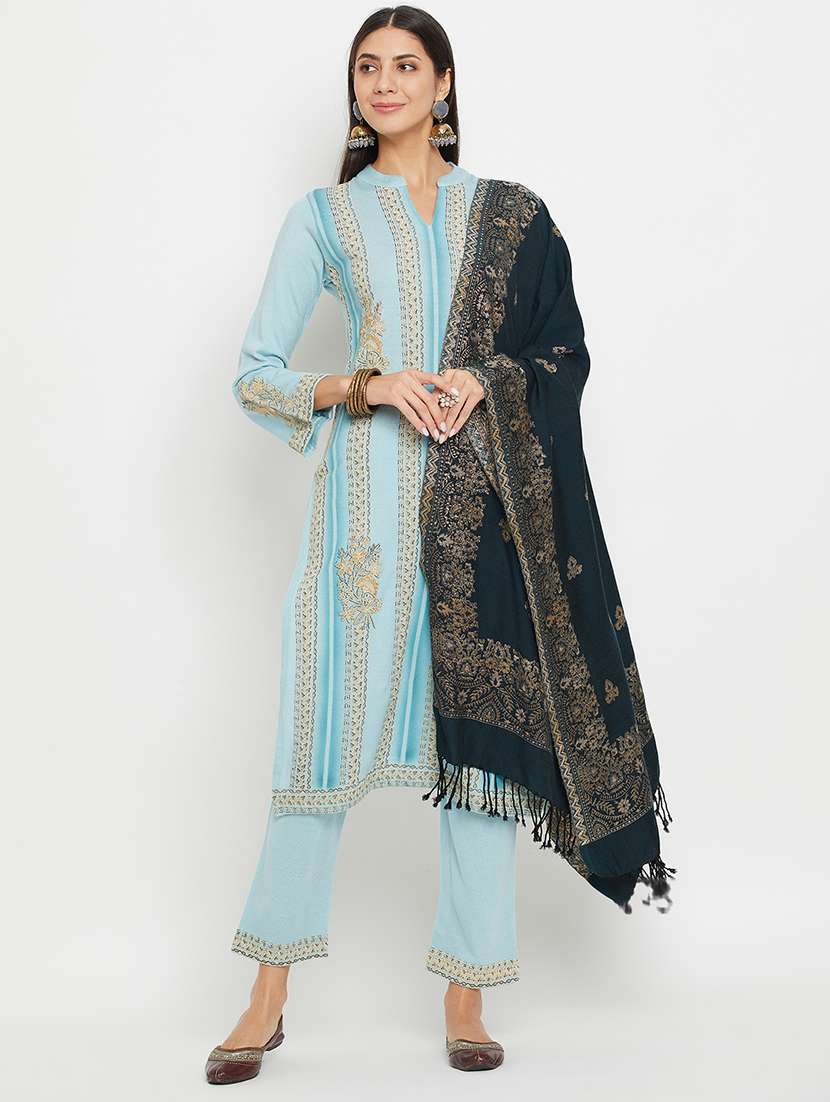 women self design long sleeve woollen suit set