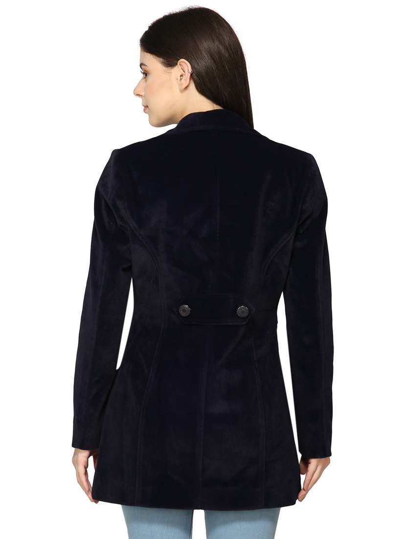 women blue solids lapel neck coat - 20511794 -  Standard Image - 2