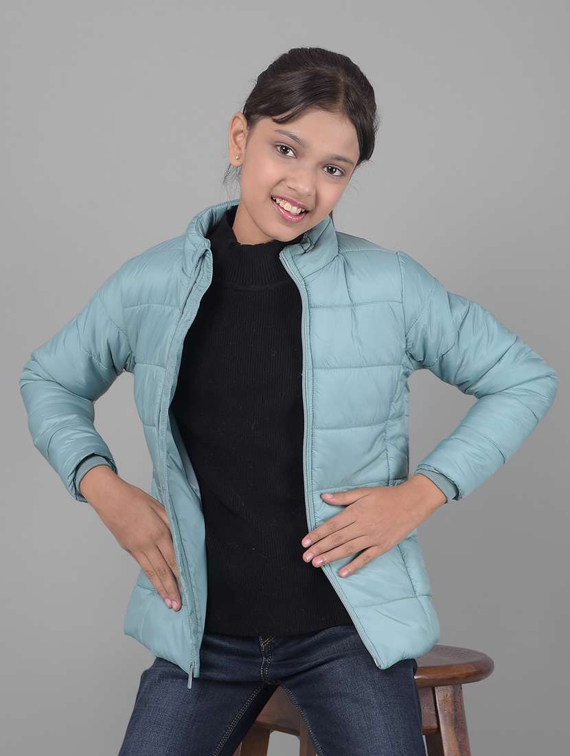 girls blue solids hooded neck jacket