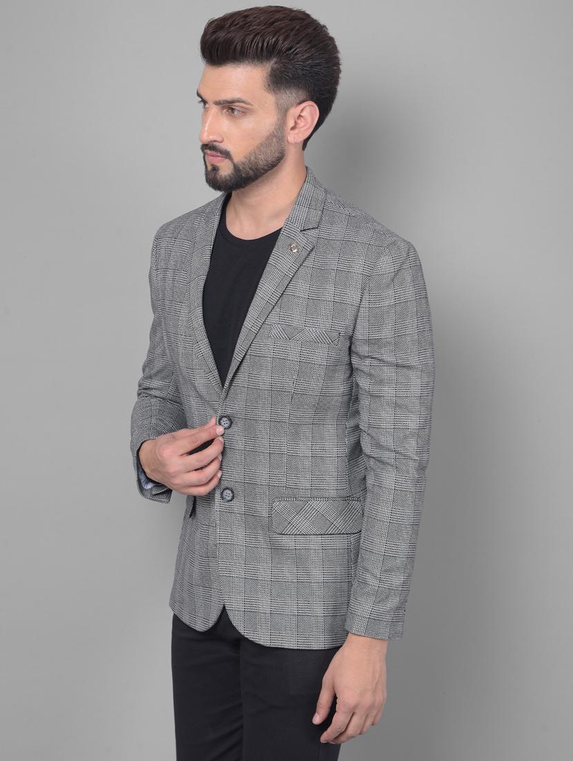 men checkered grey polyester single breasted casual blazer - 20512637 - Standard Image - 2