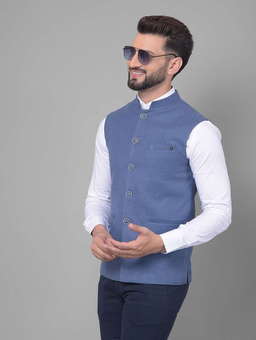 men solid blue classic waist coat - 20512702 -  Standard Image - 2