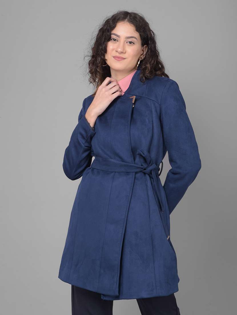 navy blue solids full sleeves trench coat