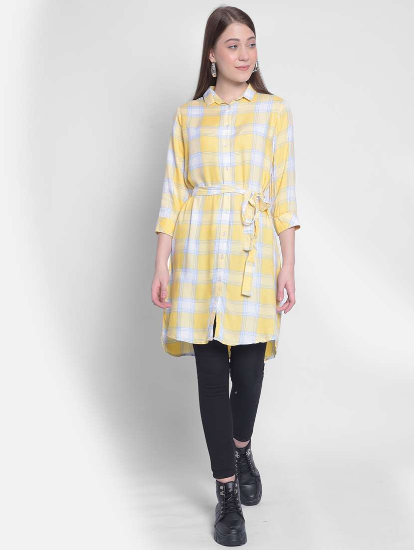 women yellow lyocell checked shirt dress